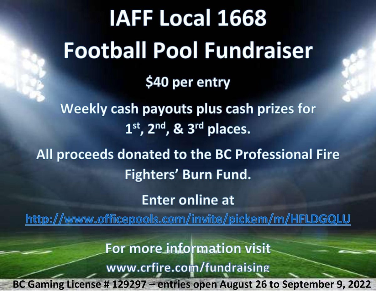 IAFF1668's tweet photo. NFL Pick’em pool is back with proceeds to @BCBurnFund! No football knowledge required have some fun for a great cause!  Time is short season starts Thursday so get your entry in quick, for full information: https://t.co/sYBs3HvuRK https://t.co/eIcuE3bolK