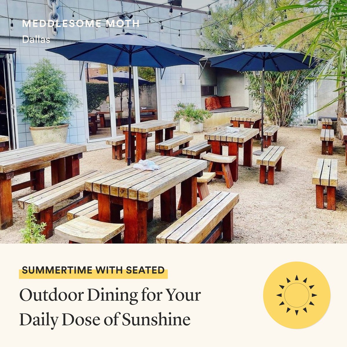 Summer won’t last forever. Enjoy the fresh air at a spot like Meddlesome Moth, a bustling Dallas gastropub with a spacious and inviting patio. See what's available in your city: seated.app.link/Xne4jGwtwsb