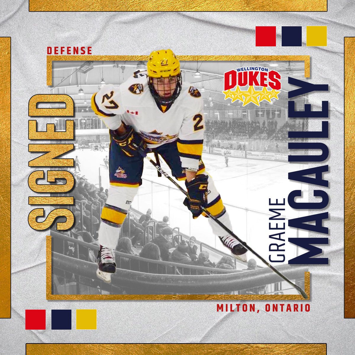 OJHLDukes's tweet photo. The Wellington Dukes are excited to announce the signing of defenseman Graeme MacAuley. Graeme played last season with the @u18AAAEagles . The 2005 born defenseman hails from Milton, Ont! 

Welcome to Welly Graeme! https://t.co/HlQIt0Hc7C