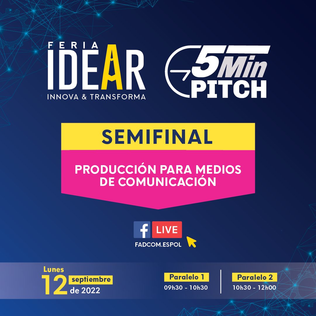 FadcomEspol's tweet photo. Nuestros estudiantes que se encuentran cursando su último semestre en #FADCOM sustentarán sus proyectos finales durante la competencia #5MinPitch Las presentaciones serán transmitidas a través de #FacebookLive 
¡Los esperamos en las semifinales!
#SomosESPOL #ADNESPOL https://t.co/j814wbXOFi