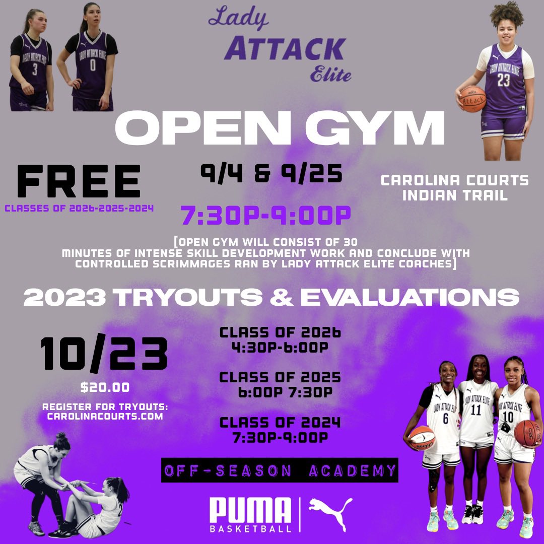 ‼️High School Open Gym Sept. 25th‼️

Missed the first one? Join us from 7:30-9:00pm for a free open gym at Carolina Courts, Indian Trail on Sept. 25! <a href="/LADYATTACKELITE/">Lady Attack Elite Basketball</a> will be holding Spring/Summer tryouts on Oct.23rd  <a href="/FOPBasketball/">Coach Anthony George</a> <a href="/J4_hoops/">J4hoops</a> <a href="/SydniSwish/">Sydni Bickford</a> <a href="/GiavonniMack/">Giavonni Mack</a> <a href="/CghrMedia/">CGHRMedia</a>