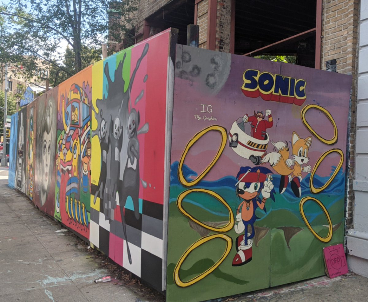 ThisIsTheQBF's tweet photo. @heathercampbell 
Best art in Brooklyn,
Found on construction fence.

#BlueHedgehog #SonicArt https://t.co/MFeNAxN12C