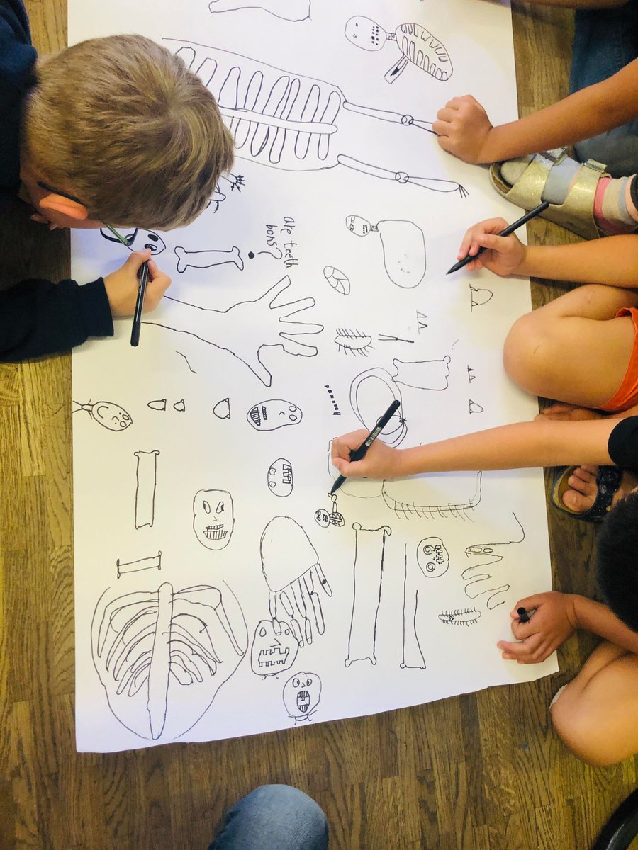 Drawing and discussing initial ideas about our skeletal system as part of research into systems of the human body. Sharing background knowledge and initial theories lay the groundwork for moving forward.  #multilingual #inquiry #scientificthinking #symboliclanguages