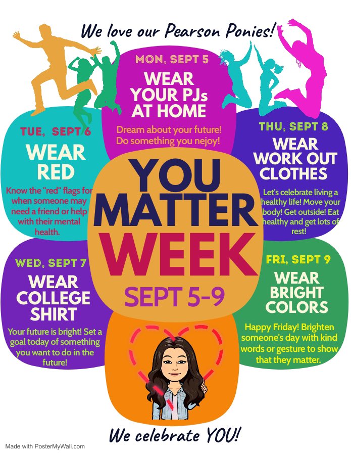 Pearson_Ponies's tweet photo. We are celebrating YOU MATTER WEEK to highlight the importance of taking care of our mental health and to spread the message that EVERY PERSON at Pearson MATTERS including students and staff. #YouMatter #SEL https://t.co/Z099GjZnqH