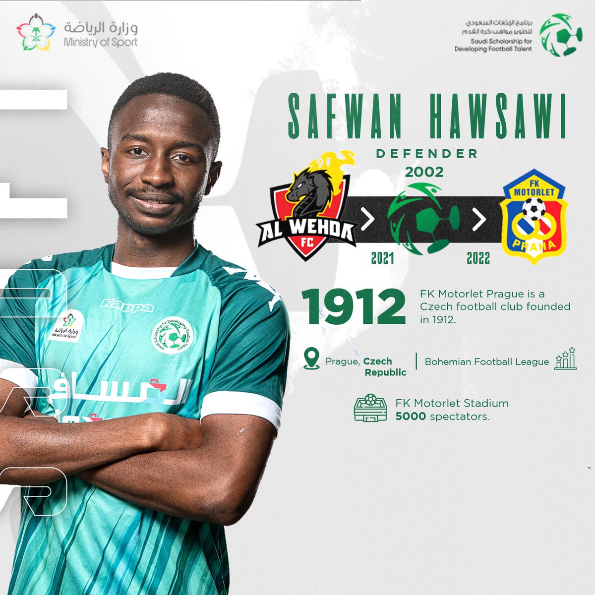 Saudi Scholarship for Developing Football Talent (@ssdft_en) on Twitter photo ℹ️ The transfer of Safwan Hawsawi to <a href="/MotorletPraha/">FK Motorlet Praha</a> 🇨🇿 is confirmed for one season ✍️
Good luck <a href="/Safwan_am4/">صفوان ابراهيم</a>!
<a href="/alwehdaclub1/">نادي الوحدة السعودي</a>
#SaudiFutureFalcons 🇸🇦⚽️ ℹ️ The transfer of Safwan Hawsawi to <a href="/MotorletPraha/">FK Motorlet Praha</a> 🇨🇿 is confirmed for one season ✍️
Good luck <a href="/Safwan_am4/">صفوان ابراهيم</a>!
<a href="/alwehdaclub1/">نادي الوحدة السعودي</a>
#SaudiFutureFalcons 🇸🇦⚽️