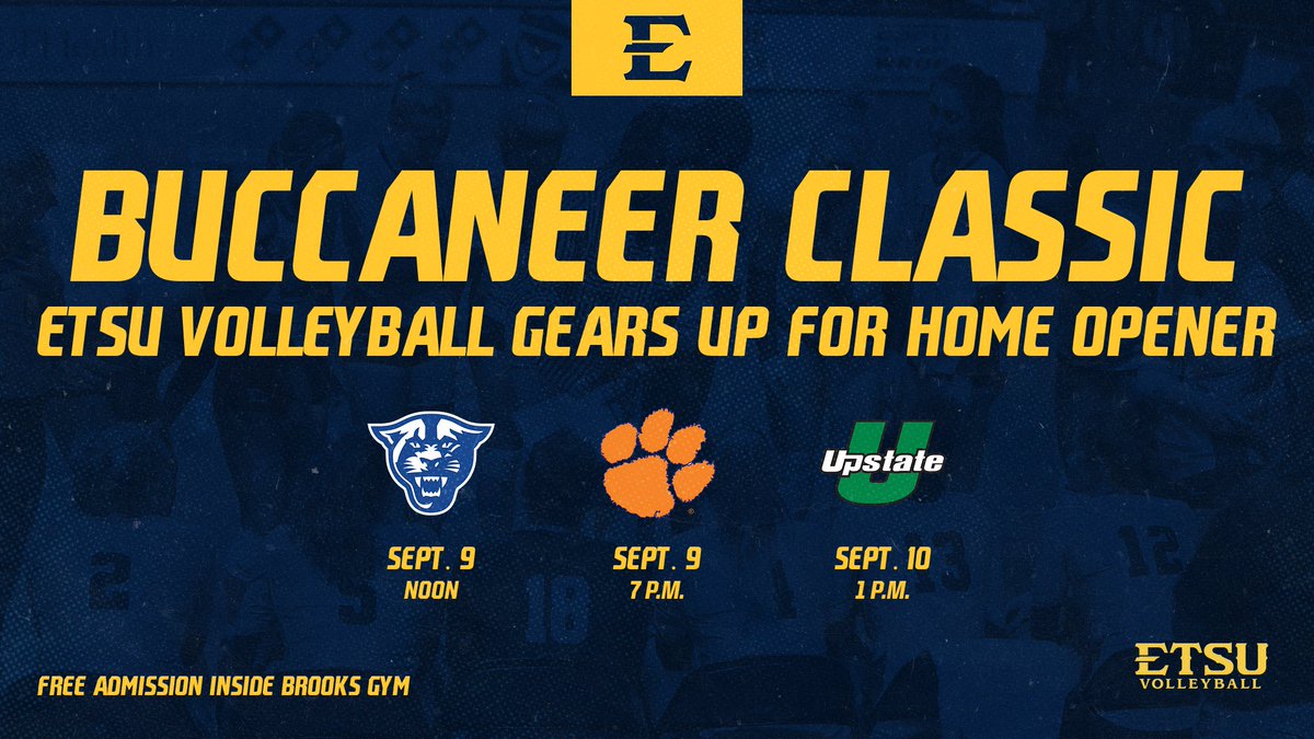 ETSUVolleyball's tweet photo. We are home this weekend as we host the 𝗕𝘂𝗰𝗰𝗮𝗻𝗲𝗲𝗿 𝗖𝗹𝗮𝘀𝘀𝗶𝗰❗️

#BucYeah | #ETSUTough https://t.co/ThuhzbrXYf