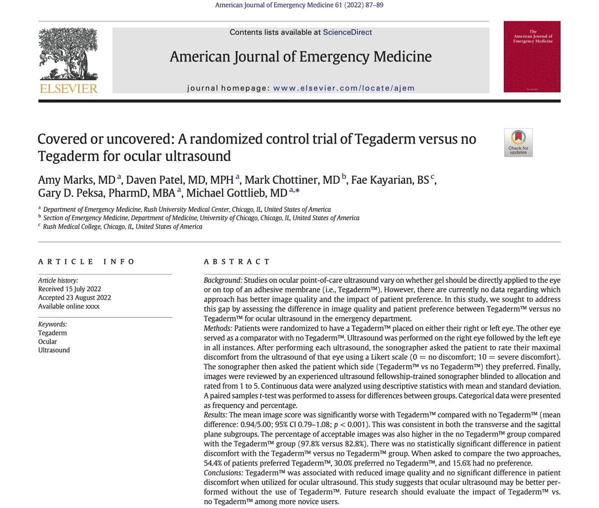 Neat ocular #POCUS study by <a href="/MGottliebMD/">Michael Gottlieb</a> &amp; co
•90 pts randomized to Tegaderm vs no Tegaderm
•Image quality sig worse w/ Tegarderm (3.4 v 4.3 [rating scale 1 to 5])
•No difference in pt comfort

👉Take home: For ocular POCUS, don't bother w/ Tegaderm!

sciencedirect.com/science/articl…