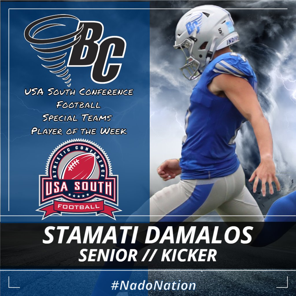 Football: BREAKING NEWS - Congrats to <a href="/BrevardF5/">BC Football 🌪</a> senior kicker Stamati Damalos for securing <a href="/usa_south/">USA South Athletic Conference</a> Conference Special Teams Player of the Week honors! Damalos hit a 48-yard FG to break his own school record! #NadoNation #d3fb