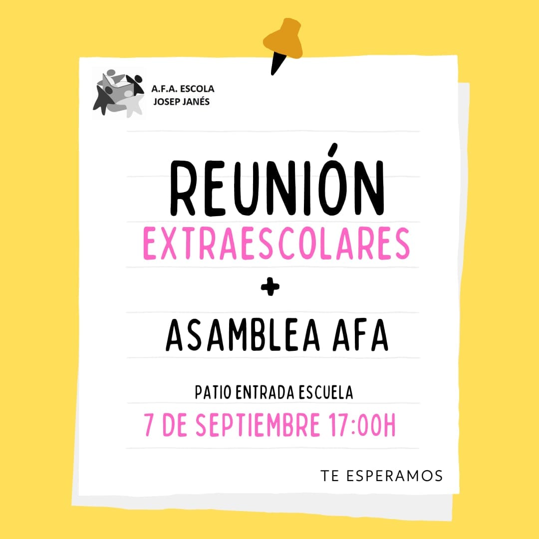 afajosepjanes's tweet photo. [ESP] Bienvenidxs familiares, la junta directiva de la AFA, convoca una reunión informativa para presentar las actividades extraescolares, que organizamos este curso.
Nos vemos el día 7 de septiembre a las 17horas, en el Patio de la entrada del edificio. 🤸‍♂️🤸‍♀️ https://t.co/y2aJ1xRRrS