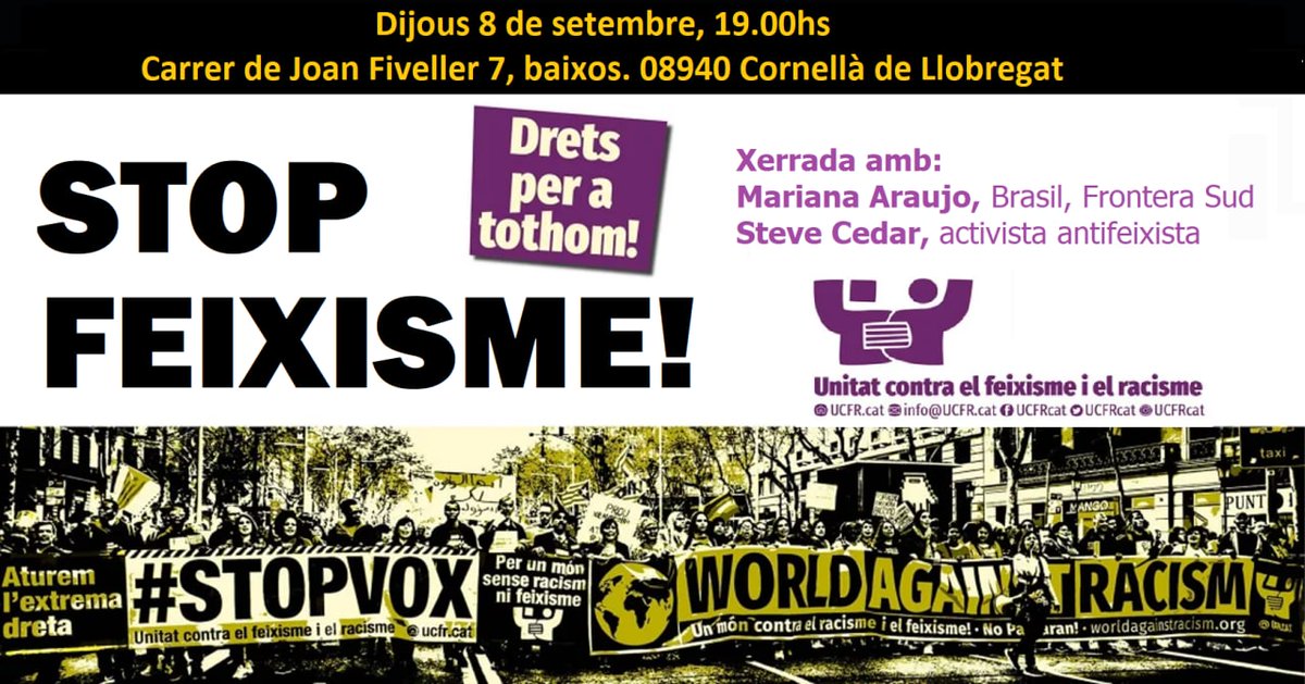 comunistesCFR's tweet photo. Info AGENDA - Participa
 
🌟 7-Set./ 19:00 h/ Plaça Sant Jaume (#BCN)
#ForaBolsonaro 
Acte per la vida i la democràcia al #Brasil 
Org.: @BrasilxFascismo

🌟 8-Set / 19:00 h/ CL.Joan Fiveller, 7 (#Cornellà #KNY) 
#StopFeixisme #StopVOX  #DretsPerATothom
Org.: @UCFRcat - Cornellà https://t.co/SYZIZcCOfW