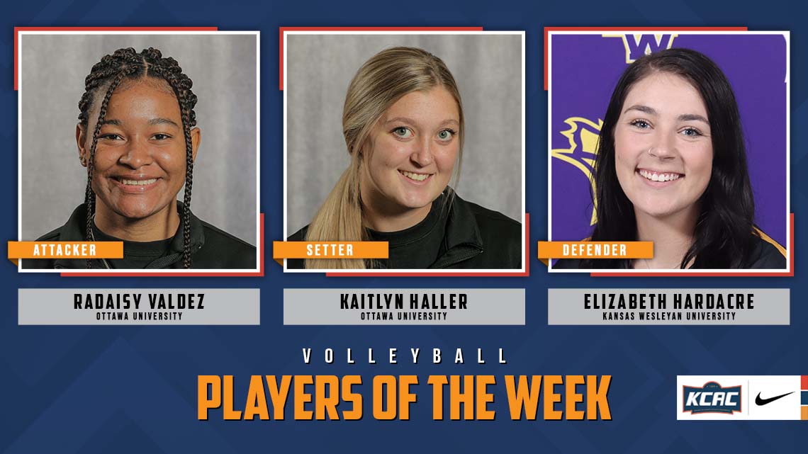 Radaisy Valdez and Kaitlyn Haller, both of <a href="/BravesAthletics/">Braves Athletics</a>, and Elizabeth Hardacre of <a href="/kwucoyotes/">Kansas Wesleyan Coyotes</a> Earn KCAC Volleyball Weekly Honors! bit.ly/3QhfEBY #KCACvb

<a href="/NAIA/">NAIA</a>