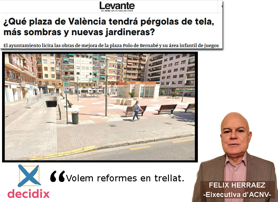 decidix's tweet photo. 😡La proxima plaça reformada per Ribó tindra jardineres i ombra en TOLDOS.
👉Els arbres reduixen la temperatura, oferixen ombra i oxigen.
🌳Volem places en personalitat, estetica i ARBRES.
#CuidemElFutur #DecidiX #ValenciaCiutat #RiboFora https://t.co/85HDl83zf2