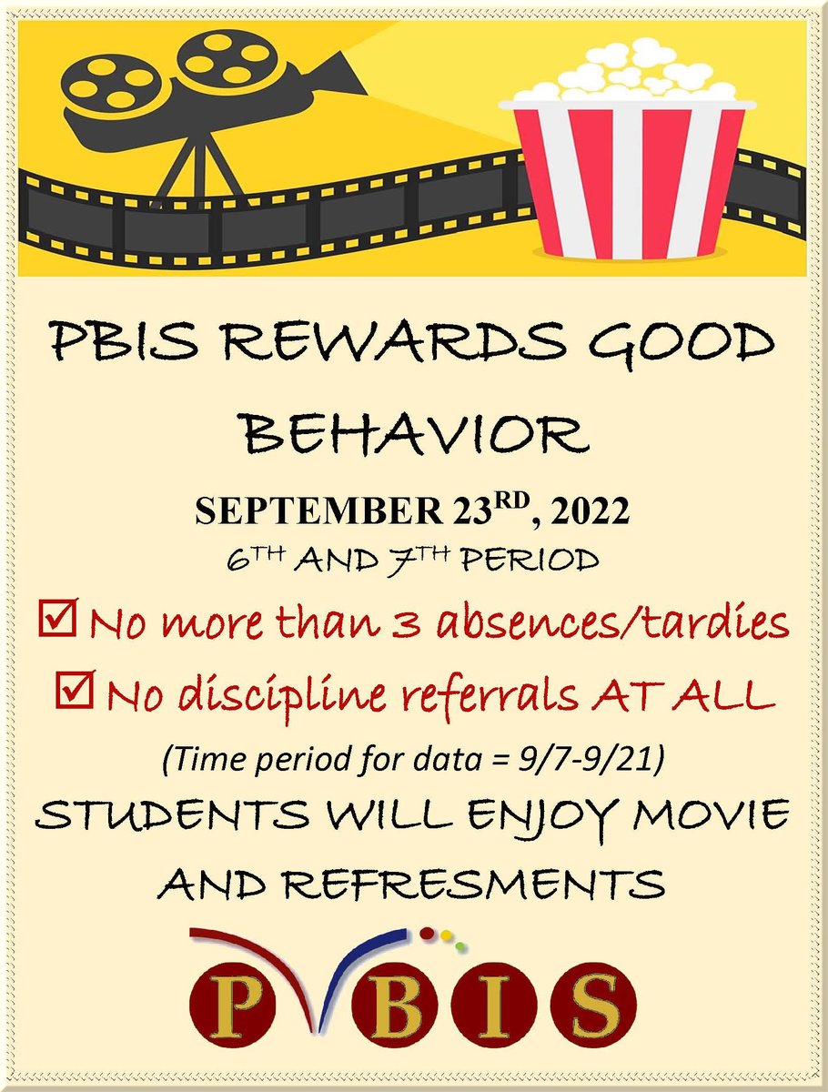 PBIS REWARDS > Students meeting PBIS expectations for behavior, attendance, &amp; getting to class on time in September will enjoy a movie &amp; refreshments on September 23rd.  “Begin with the end in mind” &amp; enjoy a PBIS Reward!
#BibbVIP #Built4Bibb #WestsideWinning <a href="/BibbPBIS/">Bibb PBIS</a>