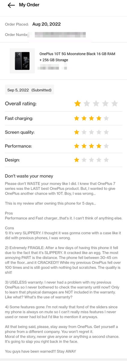 Michie_124's tweet photo. #OnePlus10T back glass cracked and scattered like an egg after only 5days of usage. Dropped on my wooden floor from my bed by accident coz it's slippery ASF. The distance from the floor you asked? 30-45cm...bruh! Guess what, warranty doesn't cover it!!! STAY AWAY from #OnePlus https://t.co/FQ95Vmzkr2