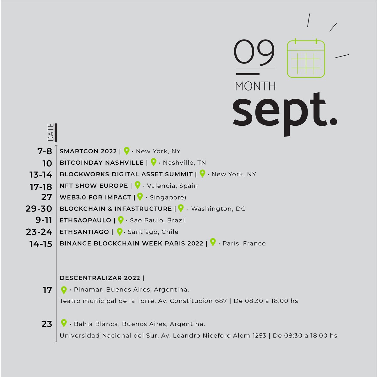 Extrimian's tweet photo. Septiembre es un mes de muchos #eventos en el ecosistema #Web3. Te traemos un resumen de algunos de los más interesantes! 🗓️🌐
Vos vas a alguno? Cuál nos faltó? 👀
#web3calendar #september #metaverse #metaverso #nfts #nft #eth #ethereum #blockchain #technology #tecnología #devs https://t.co/eRuSFG5JBy
