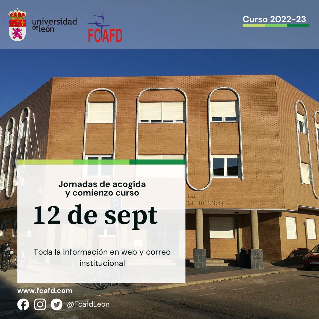 FcafdLeon's tweet photo. Jornadas acogida y comienzo clases en @fcafdleon @unileon_es
Jornada de acogida PRIMER CURSO lunes 12 - 9:00h en el aula de primero
Cursos 2º, 3º y 4º según horario de asignaturas.
Toda la información en correo institucional y https://t.co/pHzLFeq0j7
Vamos #FcafdLeon!! 💪 https://t.co/AeKaJPT1As