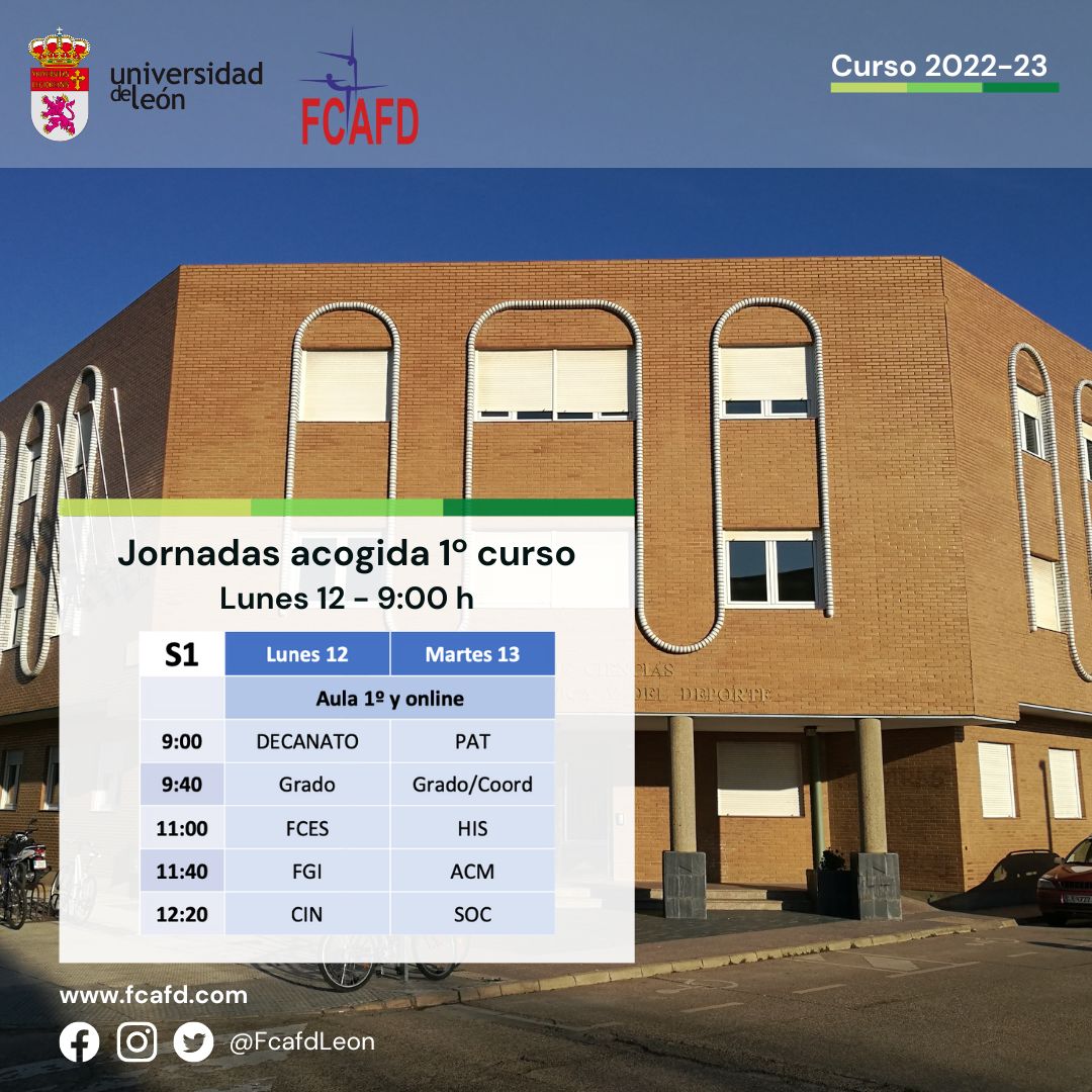 FcafdLeon's tweet photo. Jornadas acogida y comienzo clases en @fcafdleon @unileon_es
Jornada de acogida PRIMER CURSO lunes 12 - 9:00h en el aula de primero
Cursos 2º, 3º y 4º según horario de asignaturas.
Toda la información en correo institucional y https://t.co/pHzLFeq0j7
Vamos #FcafdLeon!! 💪 https://t.co/AeKaJPT1As
