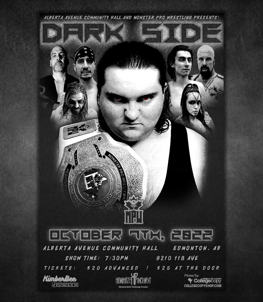 MonsterProAB's tweet photo. 🚨@AlbertaAvenue and MPW presents DARK SIDE in #YEG🚨

Friday, October 7th, 2022!

Takes place at the ALBERTA AVENUE COMMUNITY HALL in EDMONTON, AB!

Doors Open: 6:30PM
Show Time: 7:30PM https://t.co/CmaKh6a3Oq
