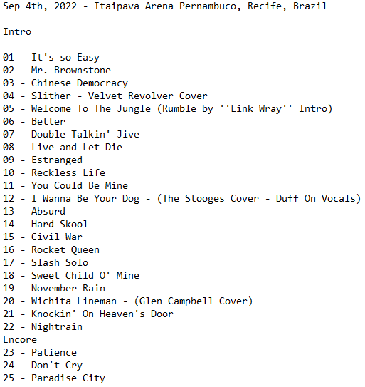 All Cautions for GNR ⚡ on Twitter "Setlist final em Recife/ Final setlist at Recife. ⚡ 