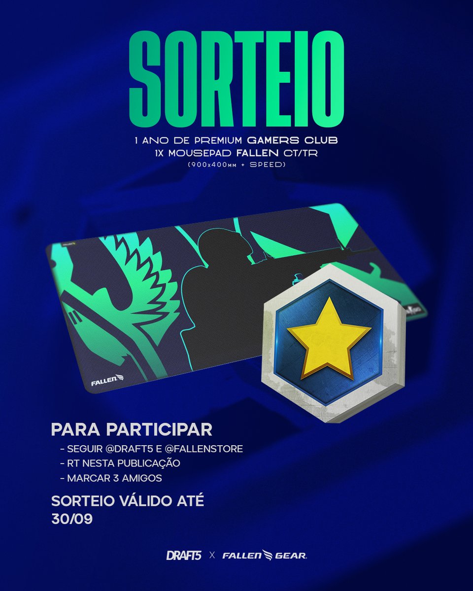 DRAFT5gg's tweet photo. A DRAFT5, junto com a FalleN Store, sorteará esse lindo mousepad + 1 ano de premium na @GamersClubCs!

Para participar é fácil:

- Siga a @DRAFT5gg e @fallenstore;
- Dê RT nesta publicação;
- Marque três amigos;

Você tem até o dia 30/09! https://t.co/Nr39q1Xekg
