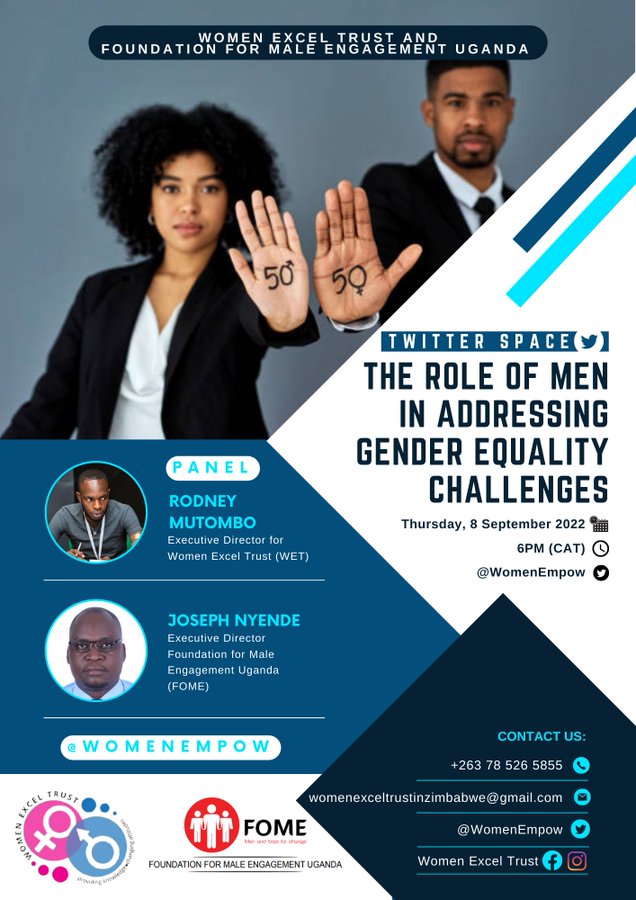 Join us this Wednesday for an exciting discussion on the role of men in addressing gender equality challenges in Africa with our partners @WomenEmpow in Zimbabwe.