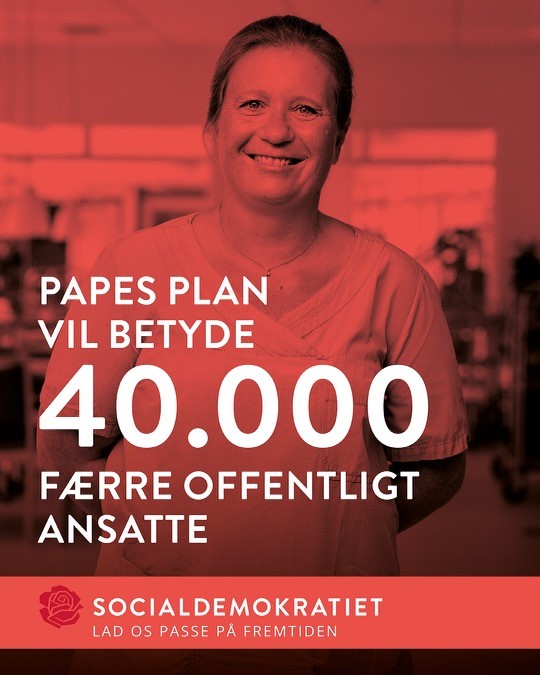 Spolitik's tweet image. Hvem skal vi skære væk?
 
Står det til Konservative kan 40.000 offentligt ansatte undværes. Til gengæld vil de rigeste få skattelettelser.
 
Vi siger nej. Vi vil ikke skære i velfærden. Slet ikke når der bliver flere ældre og flere børn.
 
Lad os passe på fremtiden🌹