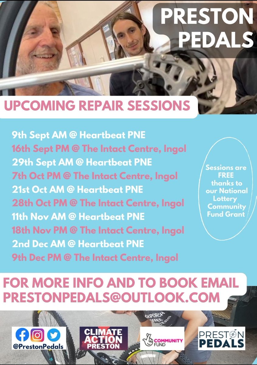PrestonPedals's tweet photo. Lots of @PrestonPedals maintenance/repair sessions coming up with our talented mechanic Franc

Pick a date that suits you and email prestonpedals@outlook.com to book

@Heartbeat_nwcc @IntactCentre @PrestonAction @TNLComFund 
@prestoncouncil 

#bike #ClimateCrisis https://t.co/0W5EF7Tn39