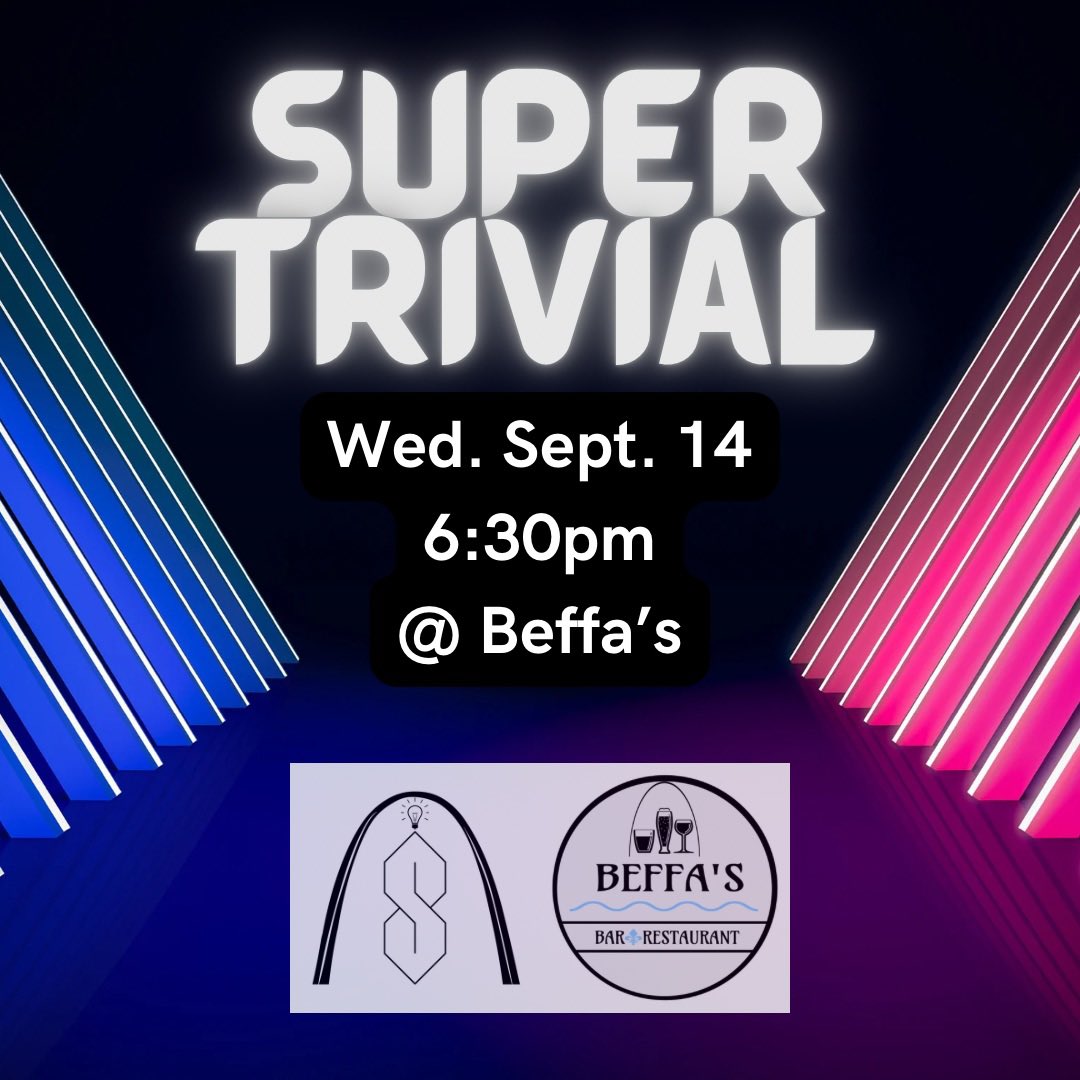 SuperTrivialSTL's tweet photo. Come to trivia Wed 9/14 at 6:30! Grab a drink, grab a burger, and play FREE trivia! @BeffasStl
#stl #stlouis #saintlouis #do314 #whattodointhelou #stlwx #stlfood #stlbars #stlmo #stltrivia #stlouistrivia https://t.co/WBK8pjsudc