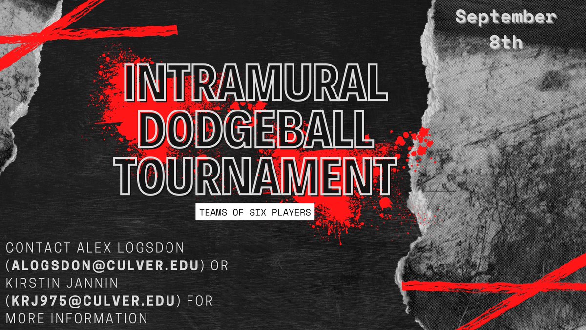 C-SC Mabee Center (@c_scmabeecenter) on Twitter photo Hey Wildcats! Don’t miss the chance to be apart of the IM Sports Dodgeball Tournament! Sign ups start today!
This is a coed tournament, open to all students and faculty/staff of C-SC. Teams will consist of 6 players.
Email Kirstin Jannin (krj975@culver.edu) with your team. Hey Wildcats! Don’t miss the chance to be apart of the IM Sports Dodgeball Tournament! Sign ups start today!
This is a coed tournament, open to all students and faculty/staff of C-SC. Teams will consist of 6 players.
Email Kirstin Jannin (krj975@culver.edu) with your team.