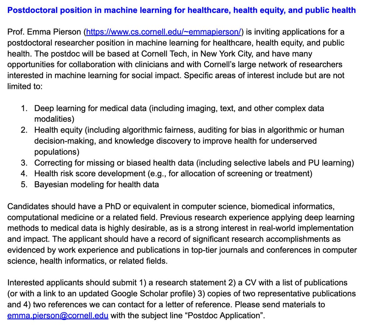 2plus2make5's tweet photo. I have a postdoc position available in machine learning for healthcare, health equity, and public health! Come work with us at the beautiful @cornell_tech campus in New York City. Please reshare :) https://t.co/SU3at8oPGk