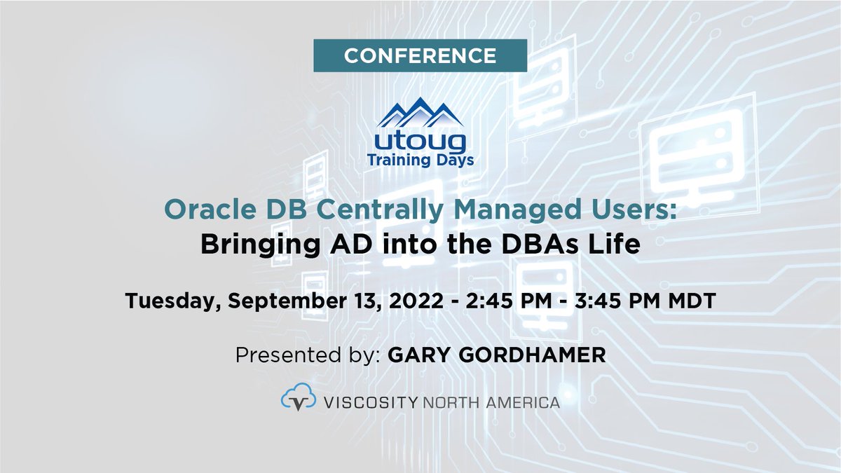 ViscosityNA's tweet photo. Visit the "Oracle DB Centrally Managed Users: Bringing AD into the DBAs Life" session by @ggordham on Day 2 of @UTOUG's #TrainingDays22 to discuss design considerations, options for the rollout of CMU & its technical side.
https://t.co/6TL9tevYvk
#vna22 #utoug #oracle18c #orcldb https://t.co/a3oDbOmnHd