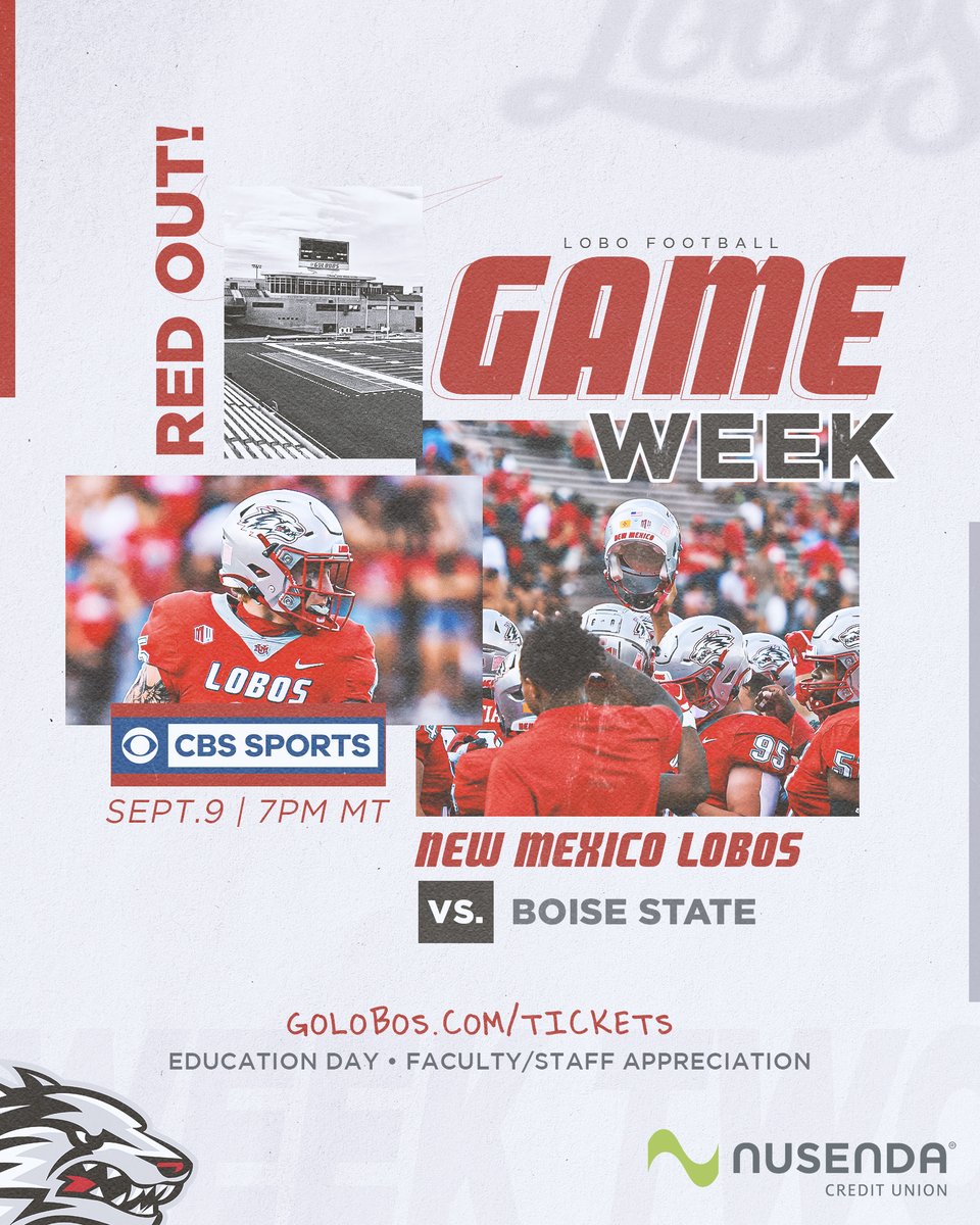 It's time Albuquerque‼️ Come out and support your Lobos as we take on the Boise State Broncos Friday night at 7 pm! Wear 🔴RED🔴 to the game and let's show America what Lobo Football is all about! 🎟️GoLobos.com/SGT #GoLobos | #WIN5