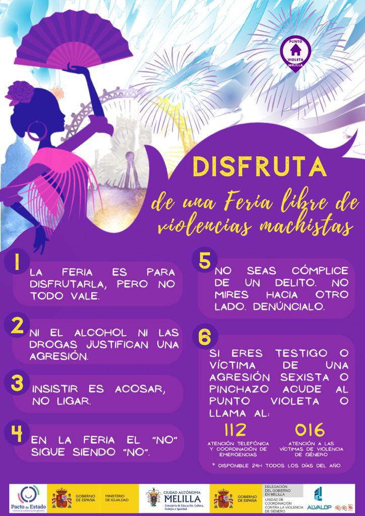 Esta semana de #FeriadeMelilla el #PuntoVioleta permanecerá abierto de 14h a 00h en la caseta 20 del recinto ferial. 💜💃🏽

¡Disfruta de una feria libre de violencias machistas! 🟣🟣

<a href="/UnidadContraVG/">Unidad Contra la Violencia de Género Melilla</a> <a href="/igualdadmelilla/">igualdadmelilla</a> <a href="/FestejosMelilla/">Festejos Melilla</a>
