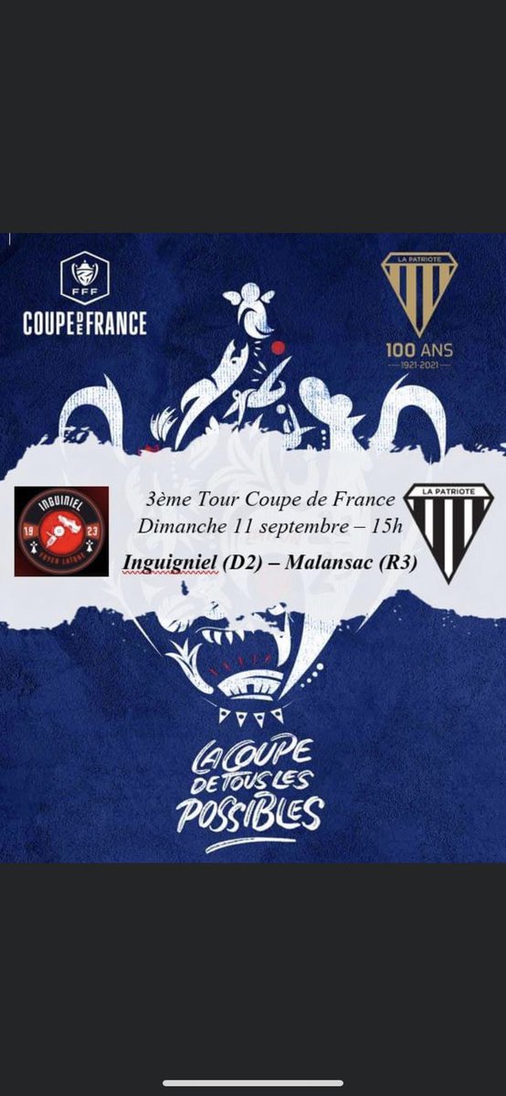 ⬛️⬜️ 3ème tour Coupe de France
Dimanche 11 septembre - 15h

C'est le charme de la Coupe de découvrir de nouveaux clubs.
Nous irons affronter F.L Inguiniel Football qui évolue en D2.

Comme d'habitude, on compte sur votre présence pour supporter les gars !

#100anslpm #CDF