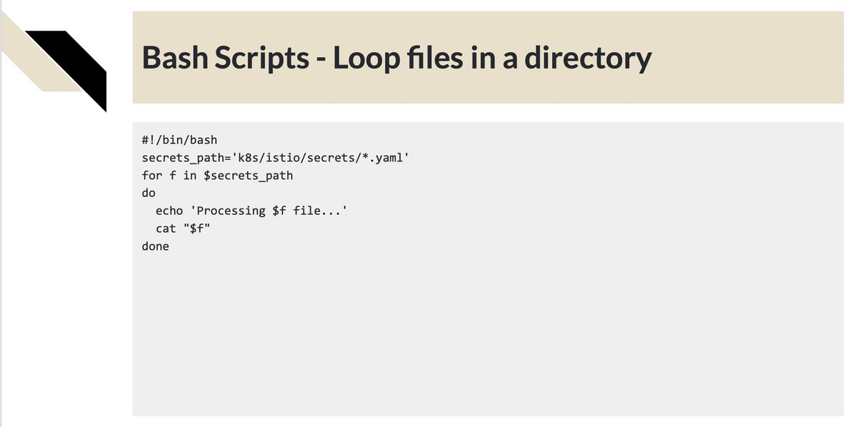 rafaelmnatali's tweet photo. #Linux #Bash script tip... 

Loop files in a directory:

for f in $secrets_path
do 
  echo 'Processing $f file...'
  cat "$f"
done https://t.co/kGKvQILLuP