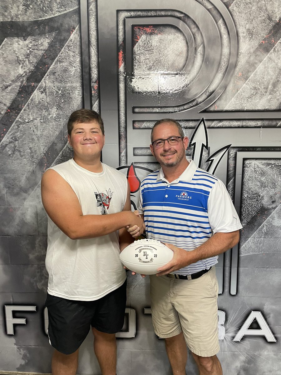 PTTOUCHDOWNCLUB's tweet photo. RT @PTDEMONFOOTBALL: Week 1 Farmers Insurance            Player of the week! Jayden Tackett graded out at 90%, helped lead our offense to over 260 yards on the ground. @JaydenTackett65 @WeAreFarmers https://t.co/EFsZDkwwFG