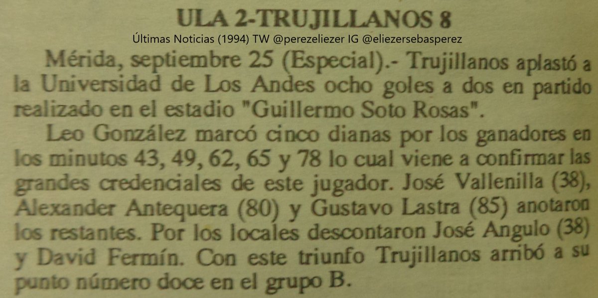 #TalDiaComoHoy en 1994...

🔹En la Copa Venezuela, <a href="/trufc/">Trujillanos FC</a> goleó a ULA Mérida (2-8). 

🔹Leonardo González anotó cinco goles <a href="/leogonzalezdt/">Leonardo González</a>