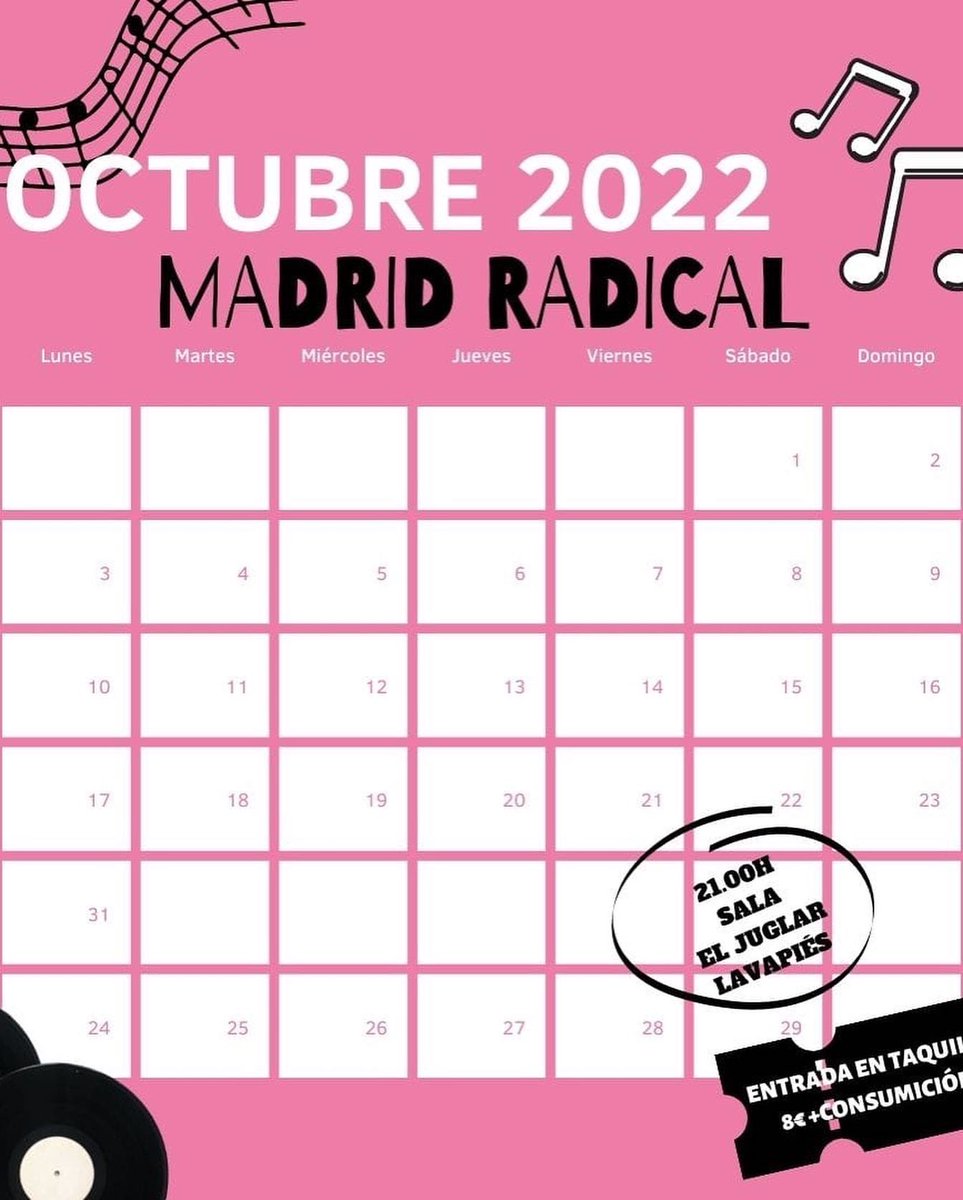 madrid_radical's tweet photo. ¡Atención! 🔥
#MadridRadical vuelve el 29 de octubre a las 21:30 en @SalaJuglar con estos dos pedazos de grupazos. #songsfromtheporch y #adefesios.
🎟+🍻 8 pavos con aperitivo gratis. 
¡Apúntalo en la agenda! #concierto https://t.co/hUwqHhQbz0