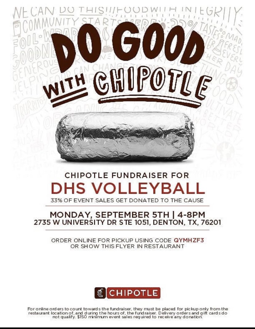 Join us in just a little while as DHS Volleyball receives a percentage of your order if you mention us while ordering.   Please remember this event takes place at the West University location from 4-8 pm. Thanks for your support!