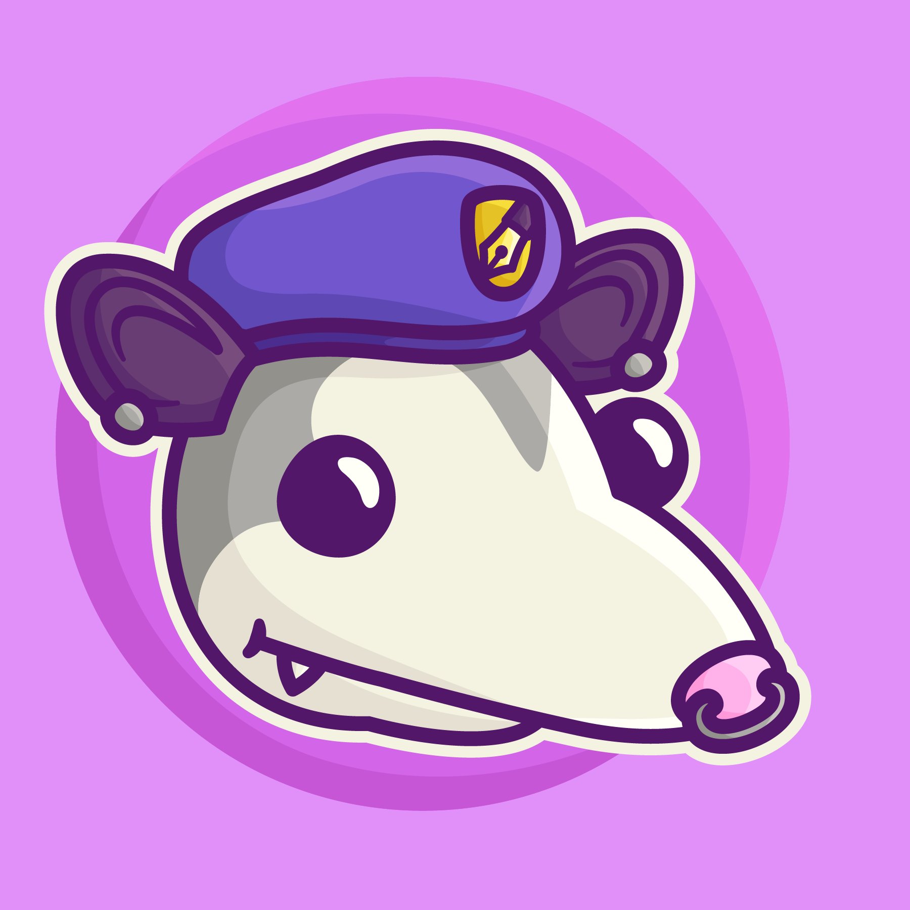 Just the cutest little cartoon opossum with ear piercings and a septum ring, wearing a beret with a pen nib emblem. 