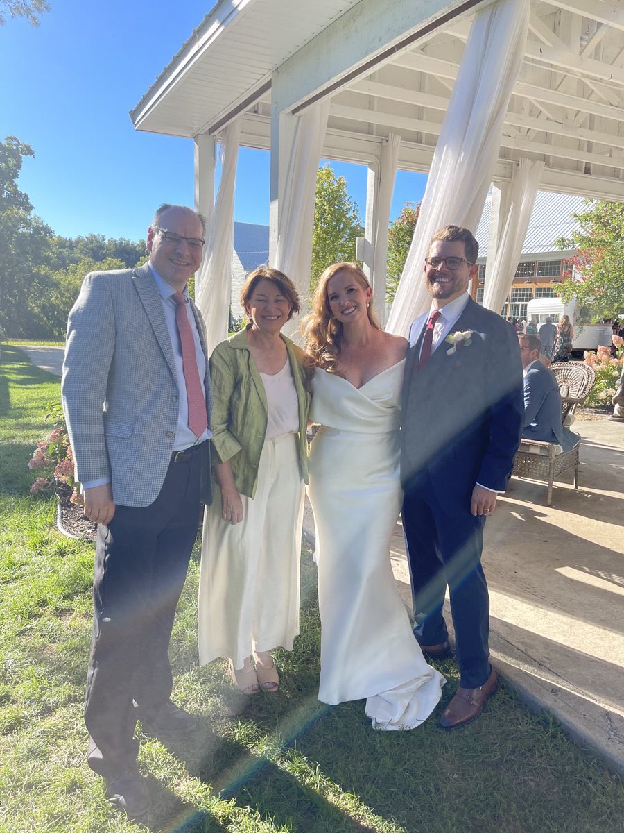 amyklobuchar's tweet photo. John and I celebrated three beautiful weddings in 24 hours—Ham Lake, Red Wing, Minnesota, and Portland, Oregon. Congrats Ruby and Noah, Hannah and Bart and Jack and Brianna! https://t.co/PH5pT7q9w4