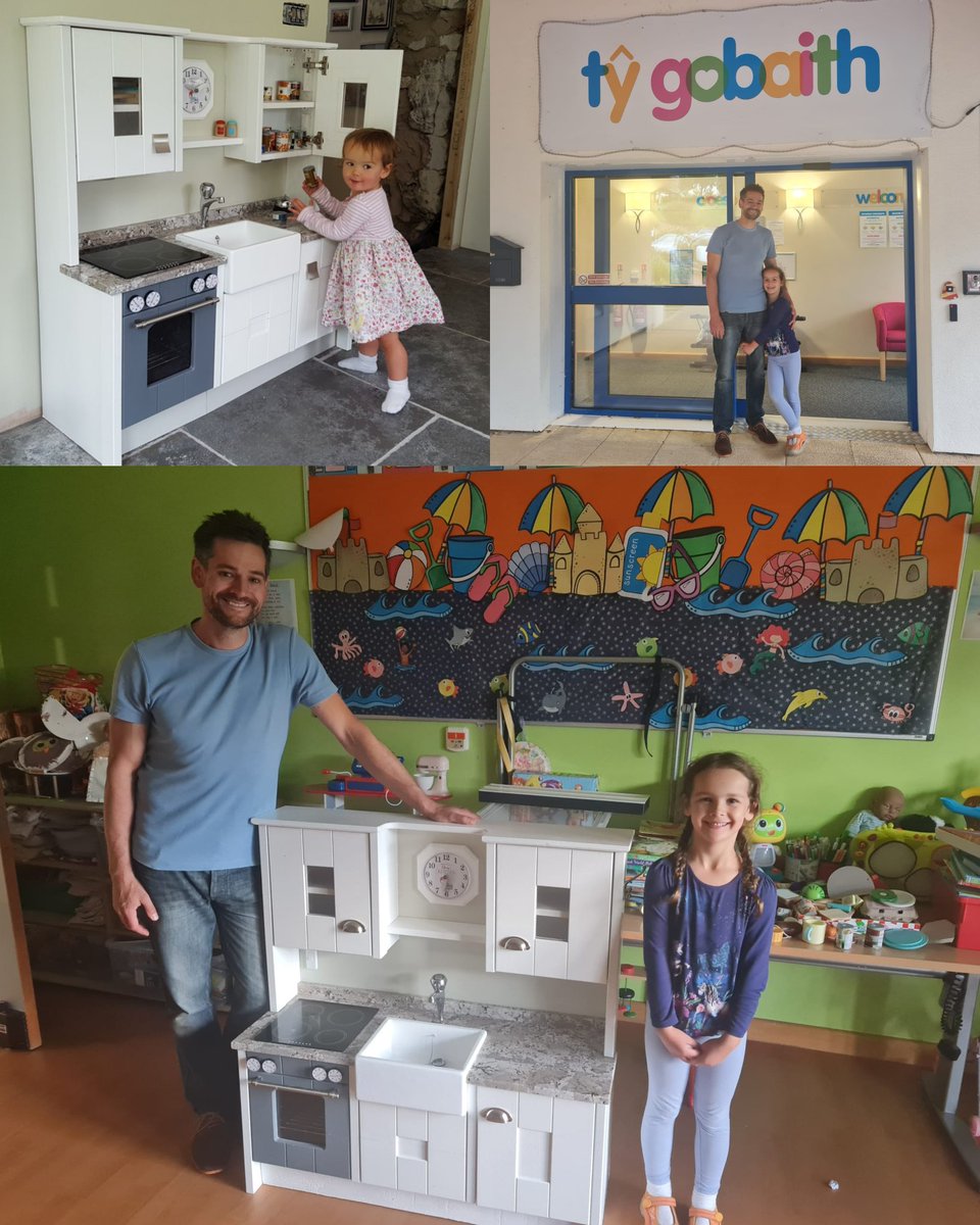 thedragontower's tweet photo. 5 years ago - Guy used our leftover kitchen bits to make a play kitchen for Ebony. 
Today - we all made the journey to Ty Gobaith children's hospice. Very proud of Guy for making something so beautiful, and equally proud of Ebony for agreeing to donate her beloved kitchen. https://t.co/cTAKkueRYW