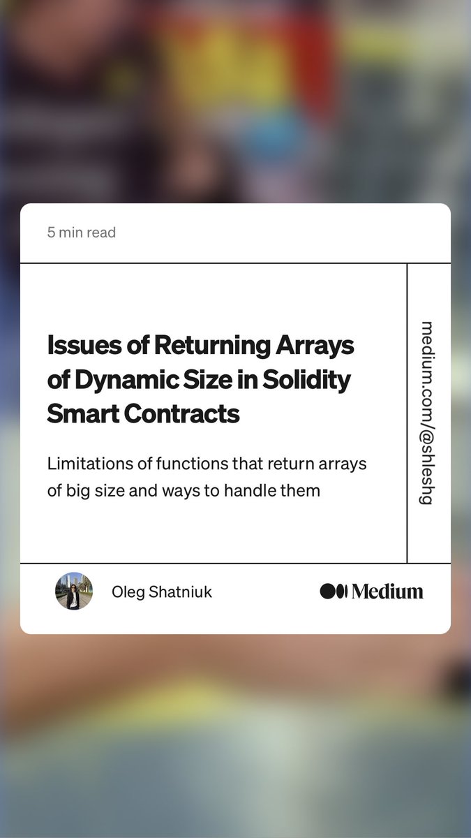 shleshg_dev's tweet photo. “Issues of Returning Arrays of Dynamic Size in Solidity Smart Contracts” by Oleg Shatniuk
https://t.co/xSsjVspK07 https://t.co/cgf9GwvDxL