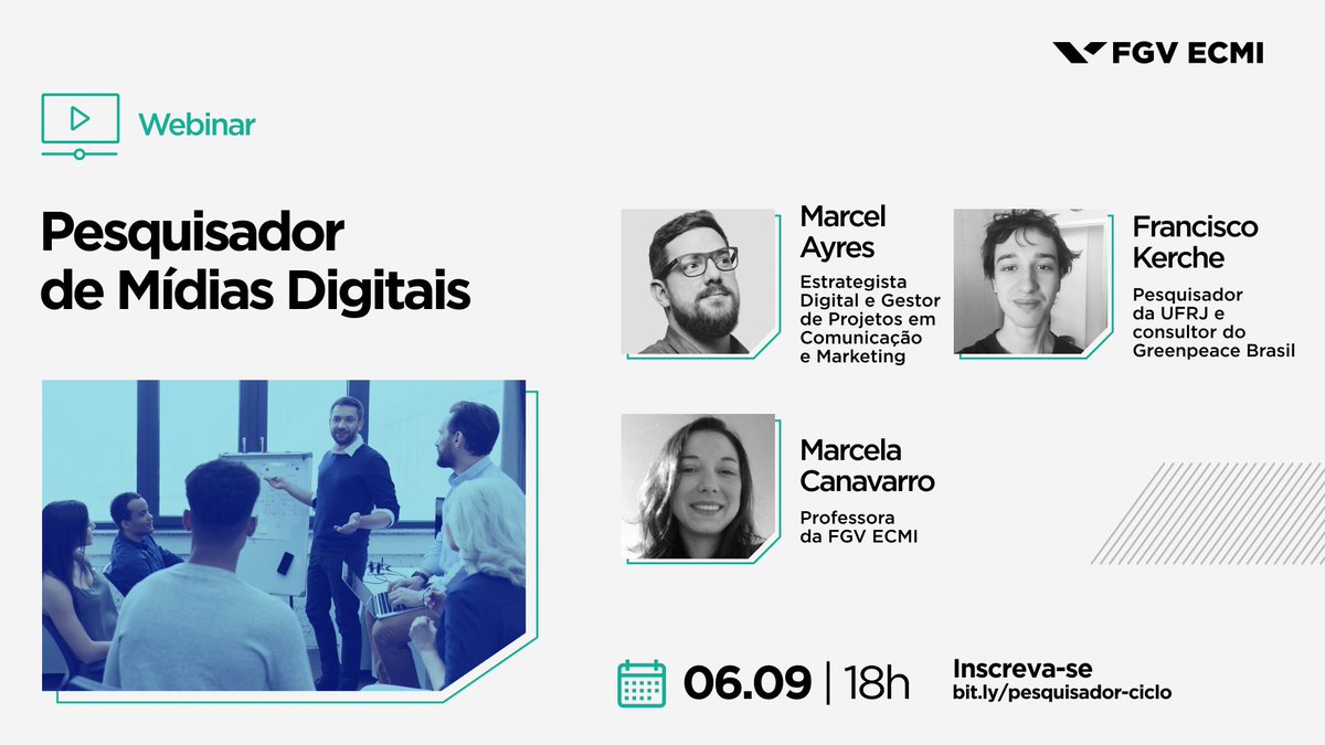 AMANHÃ, às 18h, falamos sobre a atuação do pesquisador de mídias sociais em universidades e em empresas. <a href="/MarcelAyres/">Marcel Ayres</a>, estrategista digital na <a href="/OLIVER_Agency/">OLIVER</a>, e <a href="/FranciscoKerche/">Chico Kerche</a>, consultor do <a href="/GreenpeaceBR/">Greenpeace Brasil</a>, conversam com a @mmcanavarro. Inscreva-se! bit.ly/pesquisador-ci…