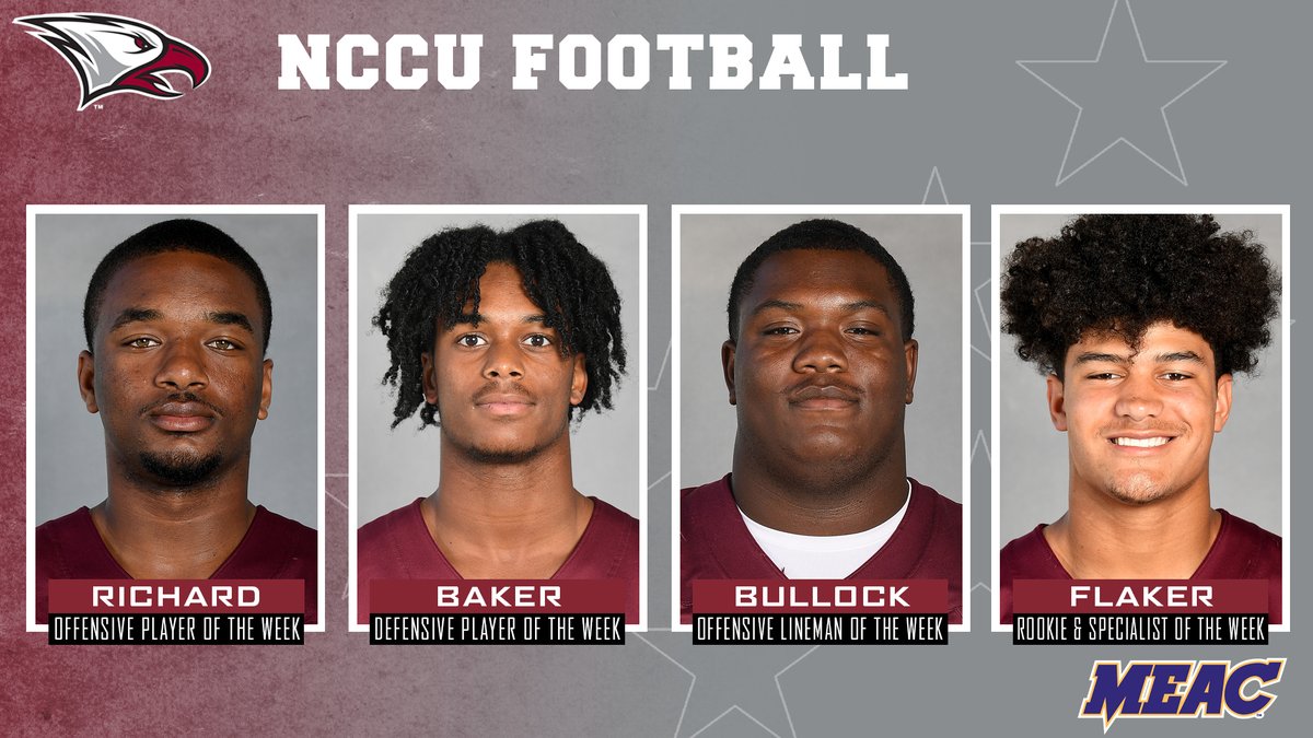AWARDS: <a href="/NCCU_Football/">NC CENTRAL FB | 🦅🏆🦅</a> sweeps MEAC Football weekly awards, following 28-13 victory over NC A&amp;T in Duke's Mayo Classic.

Details: nccueaglepride.com/news/2022/9/5/…

#EaglePride | #EagleEra
<a href="/MEACSports/">Mid-Eastern Athletic Conference</a>