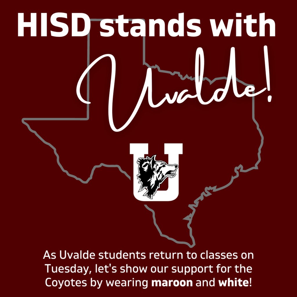 WyliePrimary's tweet photo. Join Henderson ISD in supporting Uvalde as they return to school on Tuesday by wearing maroon and white. Let's stand together and show support for the students, staff, families and entire Uvalde community. #StandWithUvalde #LiveLikeYouRAOR! https://t.co/YzTSDPebrg