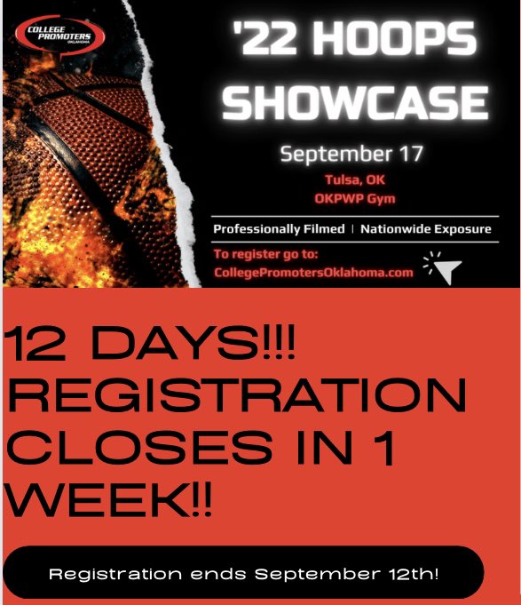 OklahomaRecruit's tweet photo. #CPOKShowcase Registration closes in 1 week!! Registration links on https://t.co/INEKx3moLE!
#LetsGo
#BeEvaluated
#BeRecruited
#CPOK https://t.co/y1rN9nU9BE