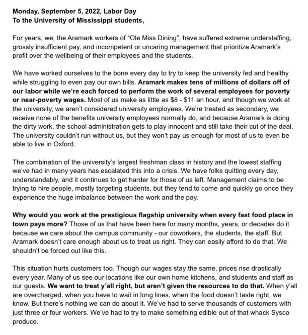 UMDiningWorkers's tweet photo. Happy Labor Day!
We’d like to share this letter to University of Mississippi students from a group of Aramark dining workers, who’d like to remain anonymous to avoid retaliation. Please share. Thank you.

Full text: https://t.co/HYnhLoMk3P https://t.co/vIDqBVPTgZ