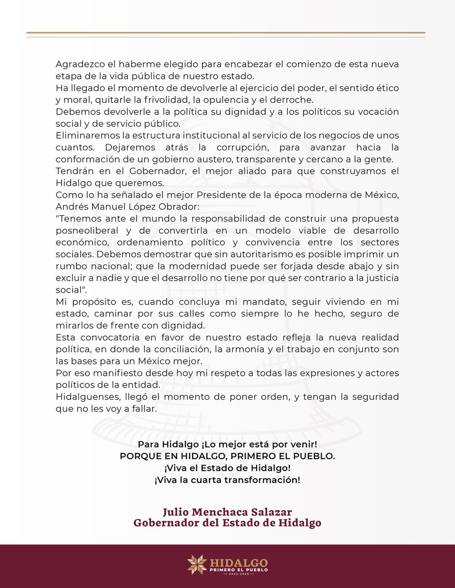 juliomenchaca_'s tweet photo. ¡Hidalguenses, hicimos historia!

Que el mensaje resuene en todos los rincones de nuestro estado y que llegue a todas y todos los que depositaron su confianza en este movimiento. 

 #PrimeroElPueblo https://t.co/atNM150wqQ