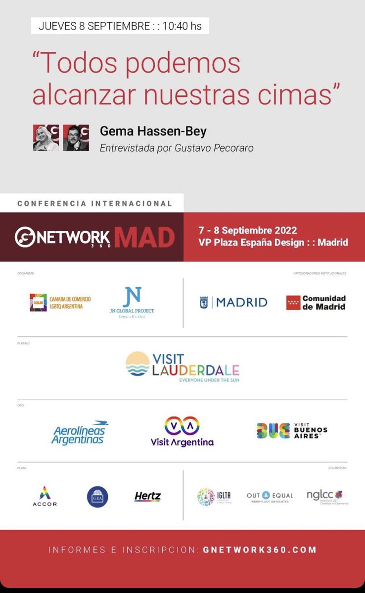 Este jueves 8 a las 10:40 voy a entrevistar a la grandiosa @GemaHassenBey en el marco del @gnetwork360 Madrid 

Gracias por invitarme a participar a @jnglobalproject @ccglar @gnetwork360 

#Gnetwork360 #G360mad #LGTBIQ